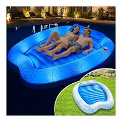 LanBlu Luftmatratze Pool mit Bunten Licht, Solar Pool Luftmatratze Erwachsene, Urlaub Pool Lounge Aufblasbar mit Getränkehalter & Kopfstütze, Luftmatratzen 2 Personen Wasser Matratze für Pools Garten