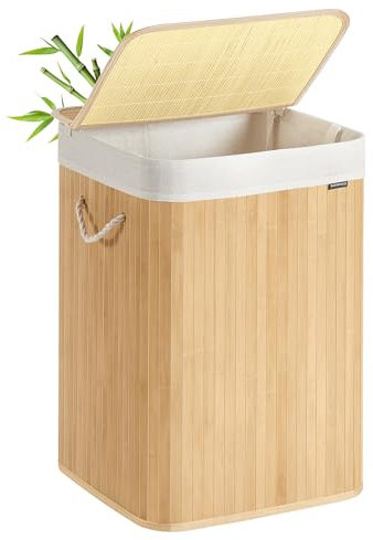 SONGMICS Cesto Ropa Sucia, 95 L, Cesta Colada, con Tapa, Bambú, con Asas, Plegable, Bolsa Interior Extraíble y Lavable a Máquina, para Lavandería, Dormitorio, Natural LCB0060Y01
