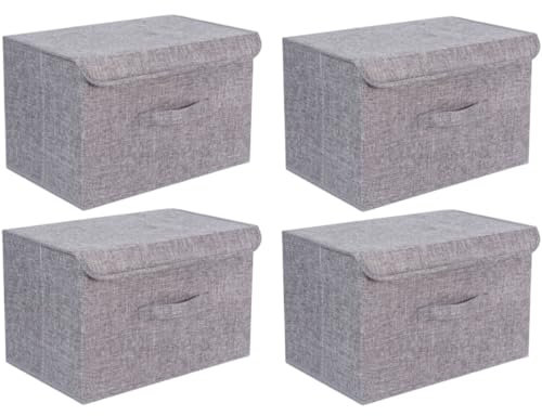 4Pcs Fabric Storage Boxes With Lids For Wardrobe Clothes Toy Foldable Linen 37 * 24 * 25cm (Grey)