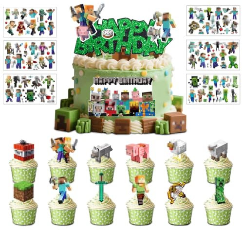 Decoración para Tartas, 26 Piezas Topper Tarta Cumpleaños y 6 Tatuajes Temporales paraNiños, Decoración de Pasteles de Píxeles, Perfecta para Tartas de Cumpleaños, Cupcakes, Postres