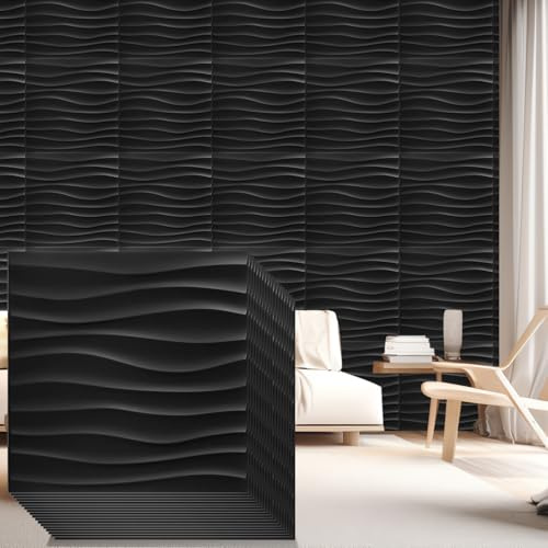 Nuanchu 3D-Wandpaneele zum Abziehen und Aufkleben für Innenwanddekoration, 30,5 x 30,5 cm, PVC, gewellt, strukturierte Wandkunst für Gaming, Wohnzimmer, Schlafzimmer, TV-Hintergrund (schwarz), 48