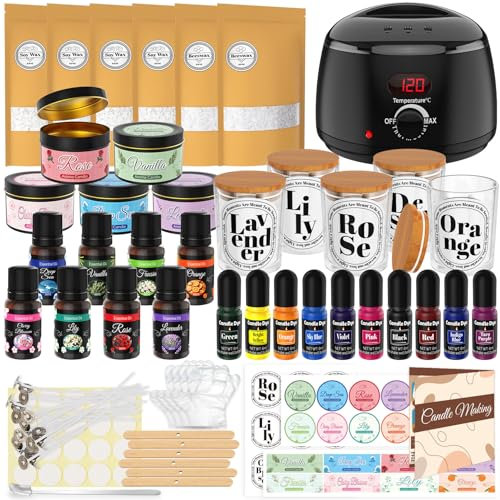 Kerzen Selber Machen Set mit Wachsschmelzer - Komplettes Candle Making Kit für Anfänger, Kerzen Gießen Set mit 1,5 kg Wachs, ätherischem öl, Kerzenfarbe, Gläsern, Aufklebern, Löffel, Klebepunkt