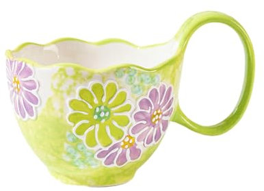 Taza grande pintada a mano de 550 ml, bonita taza de cerámica con mango grande, crisantemo verde