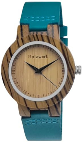 Holzwerk Germany® SINA Blue handgefertigte Designer Damenuhr Öko Natur Holz-Uhr Leder Armbanduhr Analog Klassisch Quarzuhr in Tükis Blau Braun