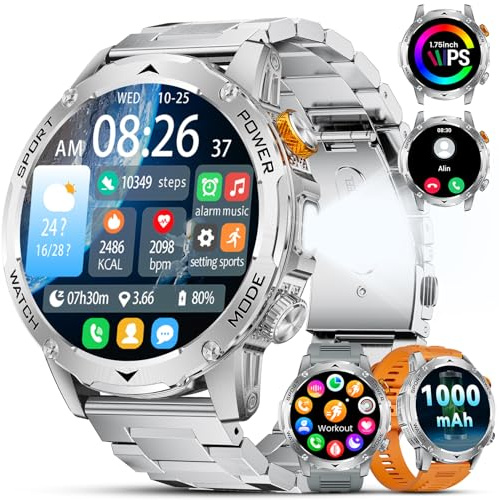 Smart Watch for Men (Bluetooth 5.2 Calls) with Flashlight, 1.75HD Display/1000mAh Long Battery Life, Fitness Tracker with Heart Rate/Sleep Monitor/IP68/120+ Sports Modes for iOS Android,3 Bands