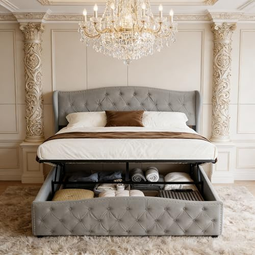BRYXR Polsterbett 160 x 200 cm, Doppelbett mit Stauraum und Lattenrost Stauraumbett, Boxspringbett mit Modernen Nieten Kopfteil, Grau Samt, Ohne Matratze