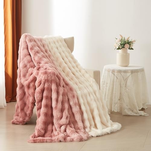 YASMENG Couverture Polaire 160x200 cm Hiver Chaude Dégradé de Rose Jeté de Canapé Peluche Imitation Fourrure de Lapin Texture à Bulles Super Douce Douillette Plaid Canapé Polaire Moelleuse Cadeau
