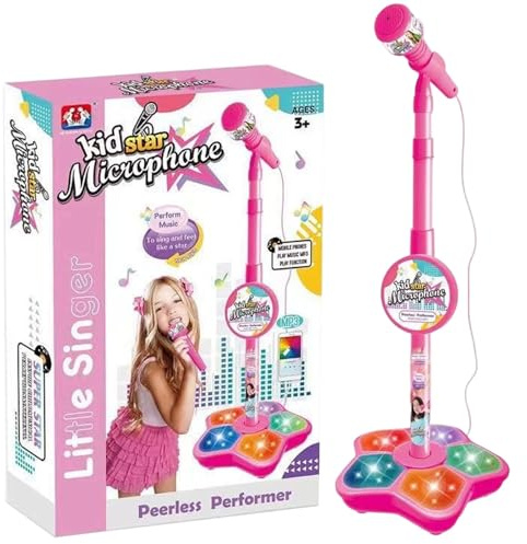The All-in-One Microphone Toy, Portable Kids Karaoke Machine, Kids Microphones with Stand, with Flashing Stage Lights and Pedals, Guitar Toys for Fun Musical Effects (Pink, Microphone)