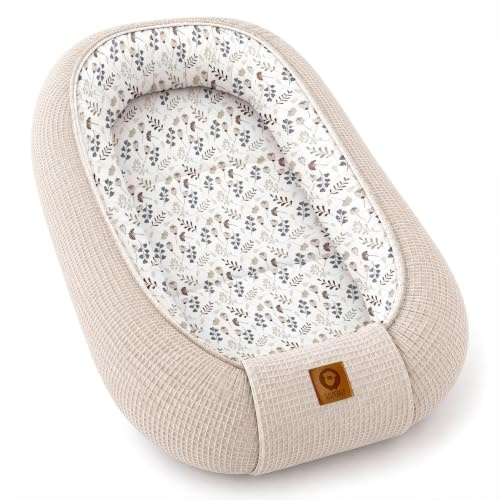 Babynestchen Neugeborene – Nestchen Baby aus Waffel Baumwolle & Baumwollstoff – Babynest für Babybett & Kinderbett – Baby Kokon Tragbar – OEKO-TEX zertifiziert – Zubehör für Babybett - Zweige und Sand