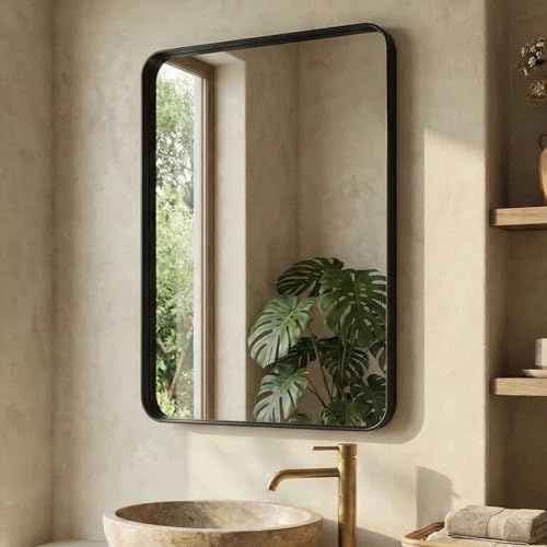 Clevich 90x60cm Wandspiegel, Rechteckiger Badezimmerspiegel, Bruchsicherer Gehärtetes Glas, Schwarz Aluminium Rahmen, Spiegel für Badezimmer/Ankleidezimmer/Wohnzimmer/Wanddekoration