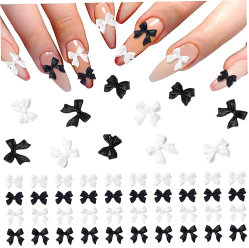 200PCS Bow Nail Black and White Nail Bow Resin Gems for Nails and DIY Crafts, Black and White