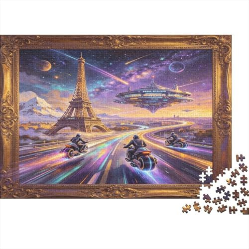 Futuristic Paris Tower Jigsaw Puzzle for Adults 1000 Piece Jigsaw Puzzle Scenic Night Ride Paper Puzzle Game Family Relaxation Gift 70x50cm/1000pcs