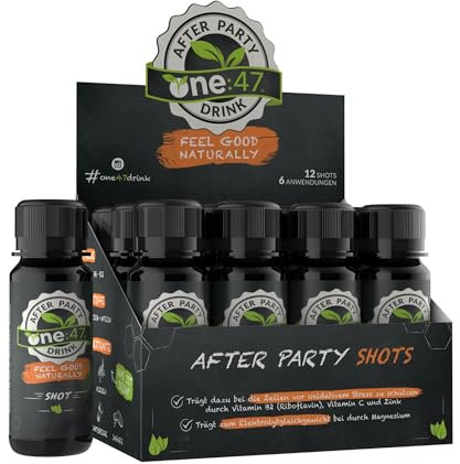 one:47® After Party Drink | 12 Chupitos | Bebida alcalina de electrolitos + extractos vegetales altamente concentrados, vitaminas y minerales adicionales | Sentirse bien al día siguiente