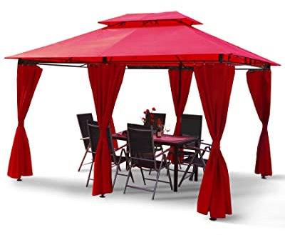 Luxus LED - Pavillon 3x4m Minzo - inkl. Seitenwände mit LED Beleuchtung + Solarmodul Gartenpavillon Partyzelt Gartenzelt (ohne Moskitonetz, rot)