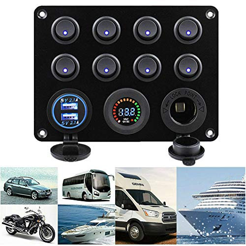 Auveach Pannello Interruttori 8 Gang con 2 USB e Voltmetro Controllo LED Rocker IP68 Impermeabile 12V / 24V per Auto, Barca e Marina