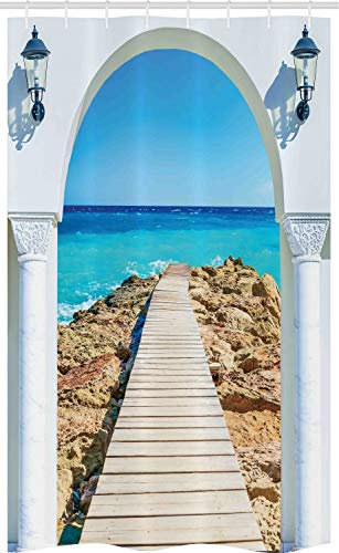 ABAKUHAUS Küsten Schmaler Duschvorhang, Meer mit einem Quay Coast, Badezimmer Deko Set aus Stoff mit Haken, 120 x 180 cm, Aqua Creme Blau