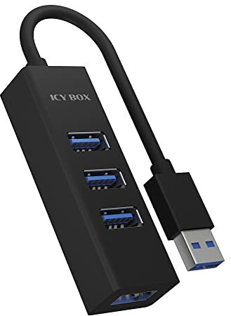 ICY BOX 4 Port USB Hub 3.0 mit USB 3.0 Verbindung, integriertes Kabel, Aluminium, Schwarz
