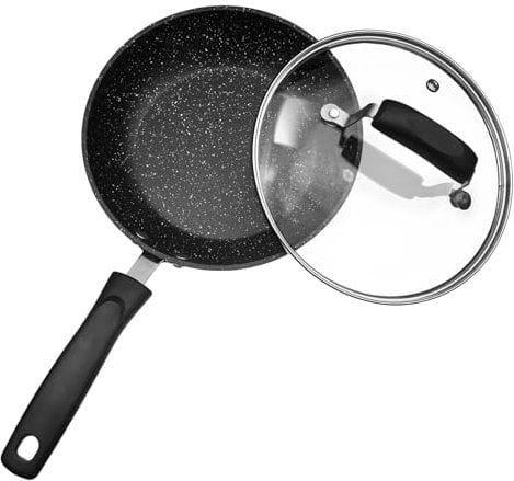32cm Large Frying Pan with Lid Black Granite Marble Coated Non Stick Pan for Gas, Electric & Induction Hob (32 cm Granite)