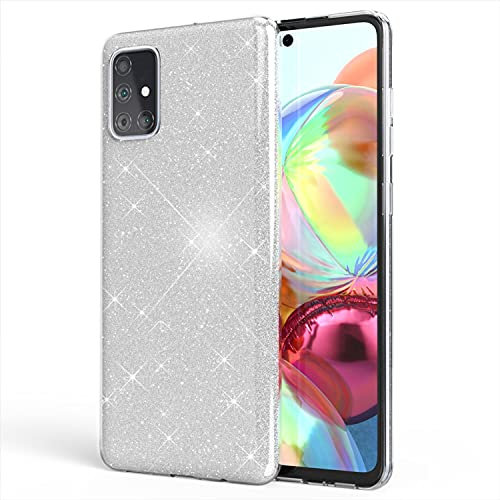 NALIA Glitzer Handyhülle kompatibel mit Samsung Galaxy A51 Hülle, Bling Silikon Cover Case Glänzend Glitter Bumper Phone Etui, Telefon Strass Diamant Backcover Handy-Tasche Schutzhülle, Farbe:Silber