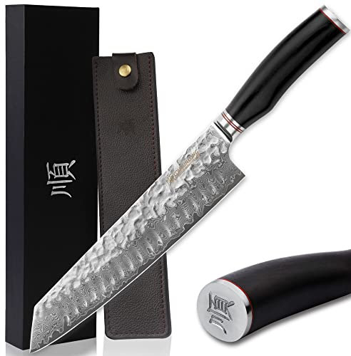 YOUSUNLONG Couteau de chef Kiritsuke 10 pouces japonais Damas Steel Razor Sharp - Griff aus natürlichem Bleiholz mit Lederscheide