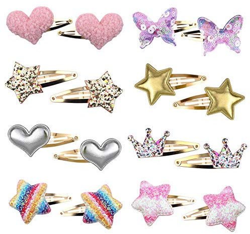 Gingbiss Pince Cheveux pour Filles, 16 pièces Étoile/Couronne/Coeur/Papillon en Forme de Barrettes Enfants, Métal Barettes Cheveux Fille Paillette, Kawaii Accessoires pour Filles Enfants