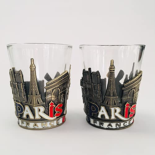 VIANAYA - Set de 2 verres à shot en verre et en métal Paris Tour Eiffel - thème tous les monuments de Paris - hauteur 6 CM