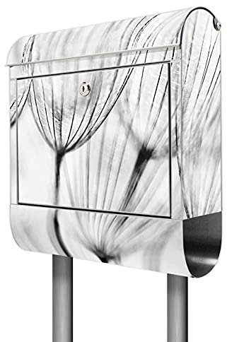 banjado® Briefkasten mit Standfuß Motiv Pusteblumen SW - Stand Briefkasten Edelstahl mit Zeitungsfach - Postbox/Postkasten A4 Einwurf inkl. Montagematerial & 2 Schlüssel
