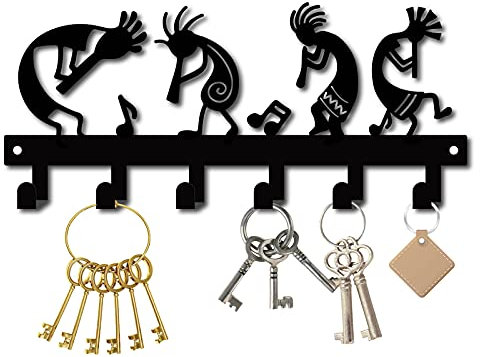 CREATCABIN Porte-Clés Mural Kokopelli Flûte Musique Noir Clé Crochets Support Mural Fer Suspendu Organisateur Rock 6 Crochets pour Maison Pendaison Crémaillère Cadeau Entrée 10.6 x 4.7 Pouces