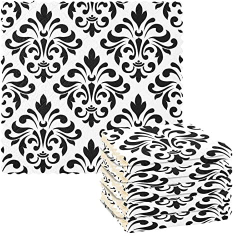 6 Pack Kitchen Dish Towels,Black White Damask Monochrome 11 x 11 Inch Dish Cloths, Bar Mop is Perfect Cleaning Cloth for Washing Dishes, Kitchen, Counter and Car,(Pack of 6)