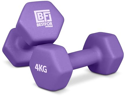 Bestfor Pair of 4kg Hex Anti Roll Non Slip Neoprene Dumbbell Weights For Exercise, Fitness, Workouts, Lifting with Exercise Chart