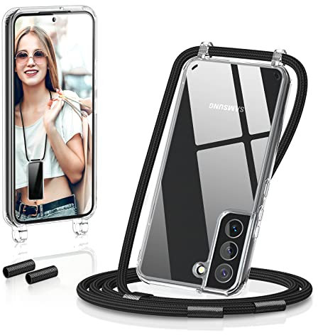 GOODVISH Handykette kompatibel mit Samsung Galaxy S22 6,1 Display | Necklace Hülle mit Band Handyhülle für zum Umhängen | Transparent Case mit Schnur | Kameraschutz und Bildschirmschutz | Schwarz