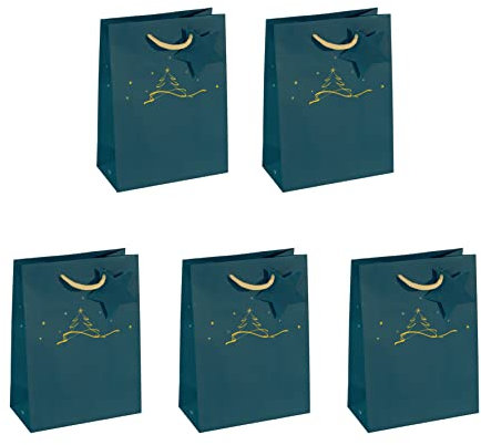 Sigel GT035/5 mittelgroße Papier-Geschenktüten, 5er Set 23 x 17 cm, petrolblau, Christmas tree, Papier-Geschenktaschen Weihnachten