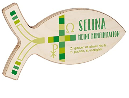 Striefchen® Personalisierter Deko-Fisch aus Holz für Taufe, Kommunion und andere Anlässe 19,5 cm x 11 cm x 1 cm (B/H/T) Konfirmation Grün
