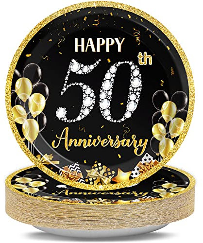 Qyeahkj 48 Pcs 50th Anniversary Party Plate Employee Career Wedding 50th Anniversary Party Gold Black Disposable Paper Dessert Cake Platter Supplies Set for Fiftieth Anniversary Party Decoration Favor