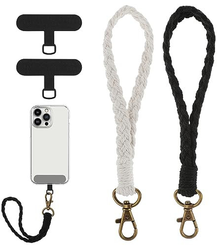 2 Pack Boho Phone Wrist Strap Handmade Macrame Mobile Phone Lanyard with 2 Pcs Phone Tether Tab, Anti Theft Lanyard for Phone Compatible with Most Smartphones for Women Men (1 Black, 1 White)