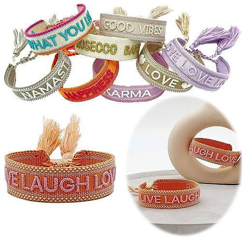 LS-LebenStil Exklusives Statement Armband Quasten besticktes Boho Canvas Webarmband (Live Laugh Love Orange Rosa)