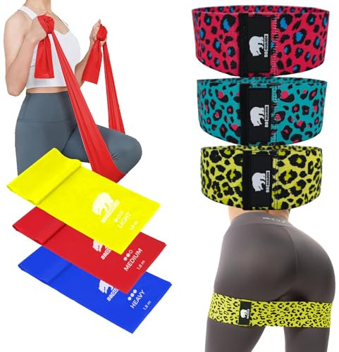 Kit de 3 Bandes élastiques de Musculation et 3 Bandes de résistance (180cm) pour Fitness à la Maison. Équipement idéal pour Gym, Pilates, Yoga. Bandes élastiques pour Fitness (Tissu + Latex)