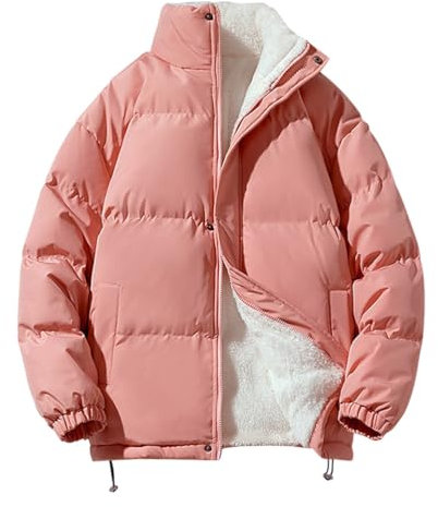 Minetom Doudoune Blouson Homme Doublé Polaire Chaud Manteau Veste Moto Épaissir Manteau Col Montant Matelassée Zipper Basique Jacket Couleur Unie A Rose L