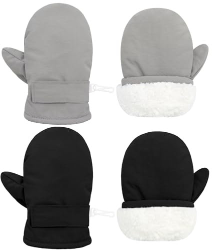 Olreco Kleinkind-Fäustlinge, wasserdicht, für Kleinkinder, Schneehandschuhe für Kinder, Baby-Handschuhe, Winter-Fäustlinge, Kleinkind, Jungen, Mädchen, 2 Paar, Schwarz und Grau, 2-4T