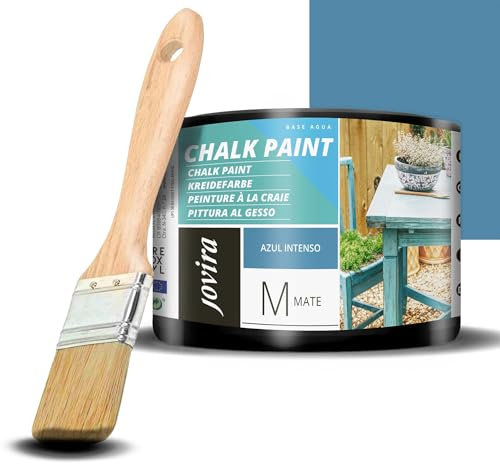 JOVIRA PINTURAS Pintura Tiza - Chalk Paint al Agua Mate + Pincel especial para madera. Renueva tus muebles con creatividad. (375 Mililitros, Azul Intenso + Pincel)