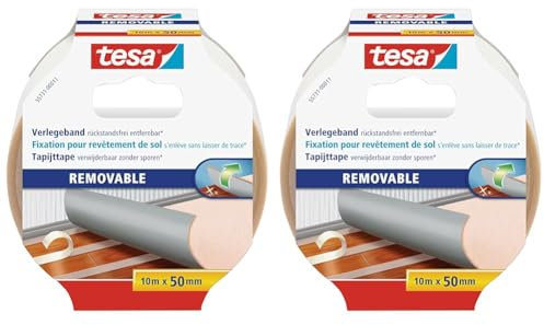 tesa Verlegeband rückstandsfrei entfernbar - Gewebeverstärktes, doppelseitiges Klebeband zum Verkleben von Teppich- und PVC-Bodenbelägen - 10 m x 50 mm (Packung mit 2)