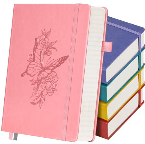 Liniertes Notizbuch für Damen, 312 nummerierte Seiten, dicke Notizbücher, 100 g/m², kein Verlaufen, Hardcover, Leder-Tagebuch, College-Notizbuch-Set für Arbeit, Schmetterlings-Blumen, A5, mehrfarbig,
