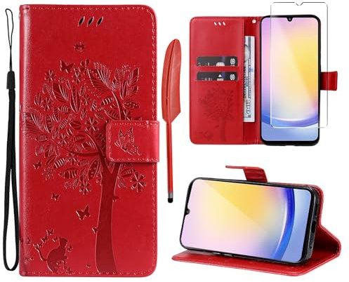 Oududianzi - Coque pour Samsung Galaxy A25 5G [1X Verre Trempé] Étuis Rabat Folio Protection Housse Cuir PU Portefeuille Silicone [Fermeture Magnétique][Emplacements Cartes][Stand Feature] - Rouge