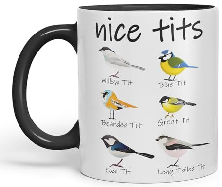 Vixar Beautiful Tits, Willow Tit, Blue Tit, Bearded Tit, Great Tit, Fir Tit, Tail Tit, Sarcastic Joke, Colored Ceramic Mug for Hot Tea, Coffee, 330 ml, 11 oz (Black)