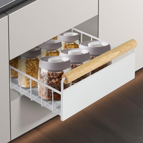 Longzhuo Organiseur coulissant, tiroir coulissant extensible pour placard de cuisine, tiroir de cuisine fixe avec film nano adhésif, sans perçage