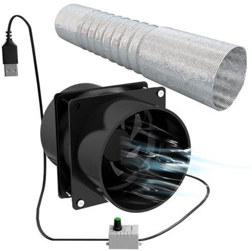 Portable Extractor Fan, Duct Fan with 1m Duct Hose, 5V 2A Brushless Motor Exhaust Fan, USB Adjustable DIY Ventilation Fan for Kitchen Bathroom Smoke