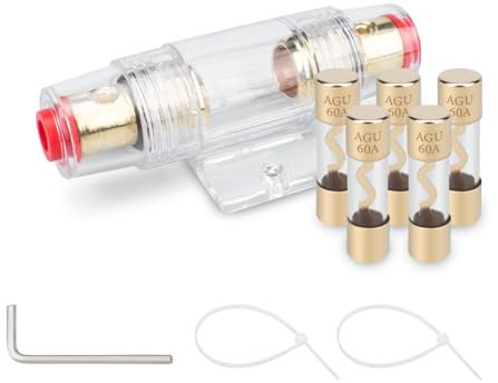 Innfeeltech 5 Pcs Gold Plated Glass 60A AGU Fuse for Automotive Audio Power Safety with 1 Pcs Gold Plated Inline AGU Fuse Holder