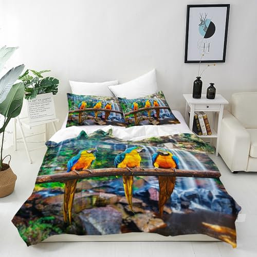 ANHOPE Tropisch Wasserfall Papagei Bettwäsche Set 2 Teilig Bettbezug 135x200 cm + Kissenbezug 80x80 cm Weich Microfaser Bettbezüge mit Reißverschluss Ganzjahres Bettdeckenbezug Set