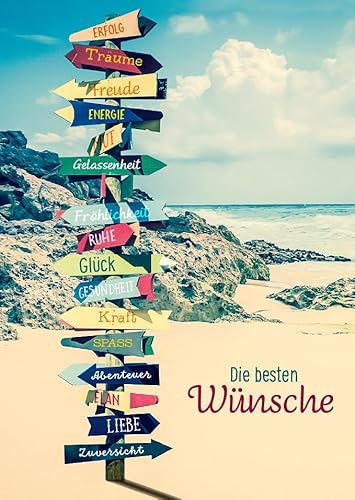 Postkarte für Lebensfreude: Strandmotiv mit bunten Wegweisern zu Erfolg, Träumen und Glück - Perfekt für positive Grüße an Freunde und Familie