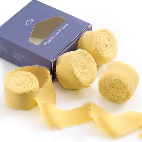 FAKILO Chiffonband mit ausgefranstem Rand, gelbes Seiden-Chiffonband, 4 Rollen, 2,5 cm x 4,5 m, für Hochzeitseinladungen, Brautsträuße, Geschenkverpackungen, Bastelarbeiten